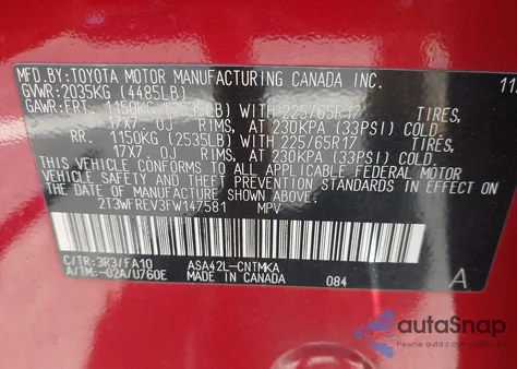 2015 Toyota Rav4 Xle z USA, uszkodzony, nr VIN 2T3WFREV3FW147581